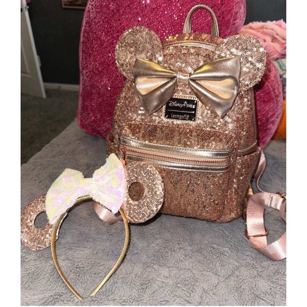 Disney Parks Minnie Mouse Rose Gold Sequin Loungefly Mini Backpack NWOT + Ears